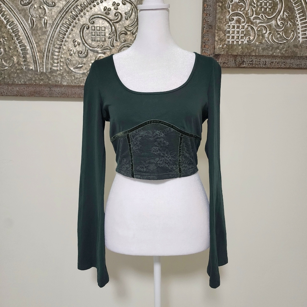 Forest Fairy Green Flare Sleeve Velvet Trim Cropped Top Medium Whimsigoth Goblin